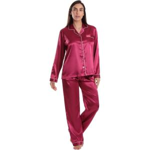Just Love Satin Pajama Set for Women – Long Sleeve Button Down Womens Pajama Sets – Soft Loungewear & Sleepwear Sizes (S-3X)(Satin Wine Stretch Fabric)