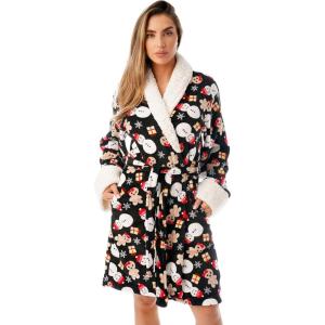 Just Love Sherpa Trim Plush Robe for Women(Black – Mixed Holiday)