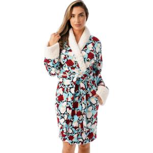Just Love Sherpa Trim Plush Robe for Women(Blue – Tossed Penguin)