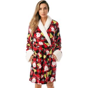 Just Love Sherpa Trim Plush Robe for Women(Buffalo Plaid Christmas)