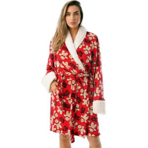 Just Love Sherpa Trim Plush Robe for Women(Red – Bite Me Gingerbread Man)
