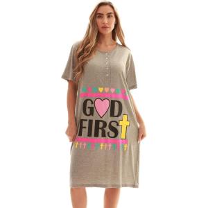 Just Love Short Sleeve Nightgown Sleep Dress for Women Sleepwear(Grey – God First)