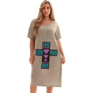 Just Love Short Sleeve Nightgown Sleep Dress for Women Sleepwear(Grey – Love Faith Peace Hope)