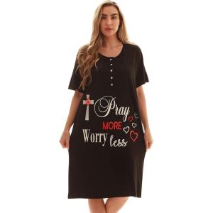 Just Love Short Sleeve Nightgown Sleep Dress for Women(Black – Pray More Worry Less)