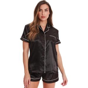 Just Love Solid Satin Pajama Short Set for Women Sleepwear PJs(Black / Ivory)