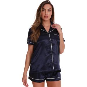 Just Love Solid Satin Pajama Short Set for Women Sleepwear PJs(Navy / Ivory)