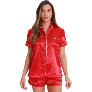 Just Love Solid Satin Pajama Short Set for Women Sleepwear PJs(Red / Ivory)