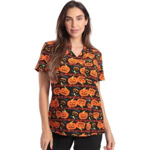 Just Love Womens Holiday Scrub Tops(Halloween Pumpkin Stretch Fabric)