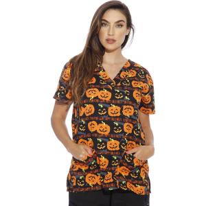 Just Love Womens Holiday Scrub Tops(Happy Halloween)