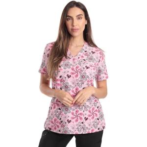 Just Love Womens Holiday Scrub Tops(Pink Flower Stretch Fabric)