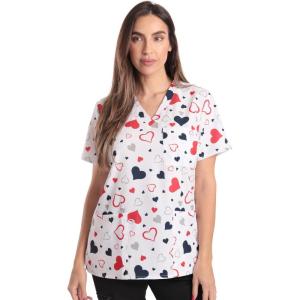 Just Love Womens Holiday Scrub Tops(White Red Blue Heart Stretch Fabric)
