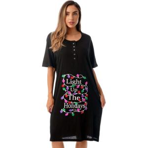 Just Love Womens Short Sleeve Nightgown Sleepwear Dress(Black – Light Up the Holiday)
