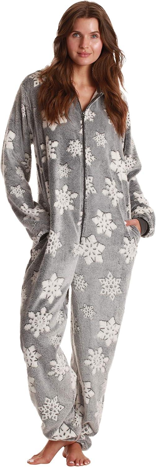 imageJust Love Ladies Embossed Plush Adult OnesieShaggy Snowflake Grey