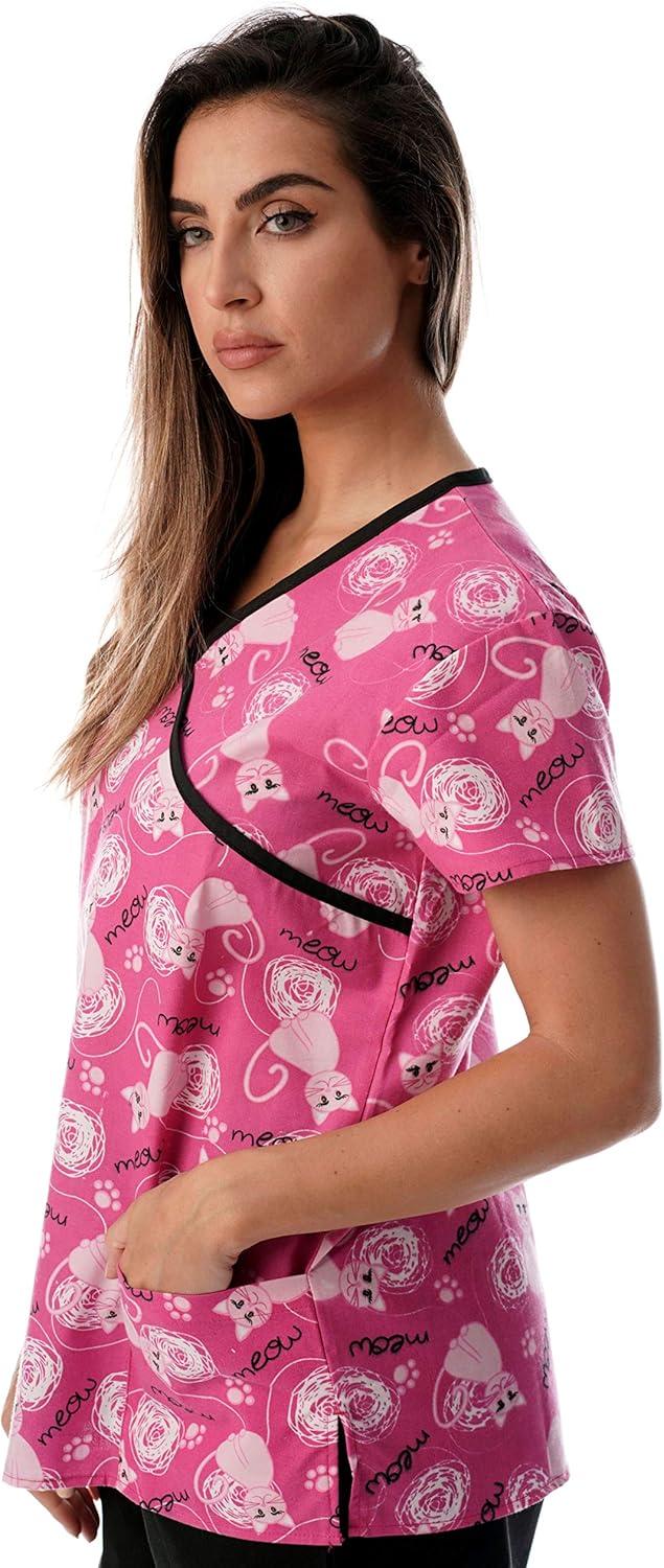 imageJust Love Womens Scrub Tops Nursing ScrubsPink Cat Meow Black Trim
