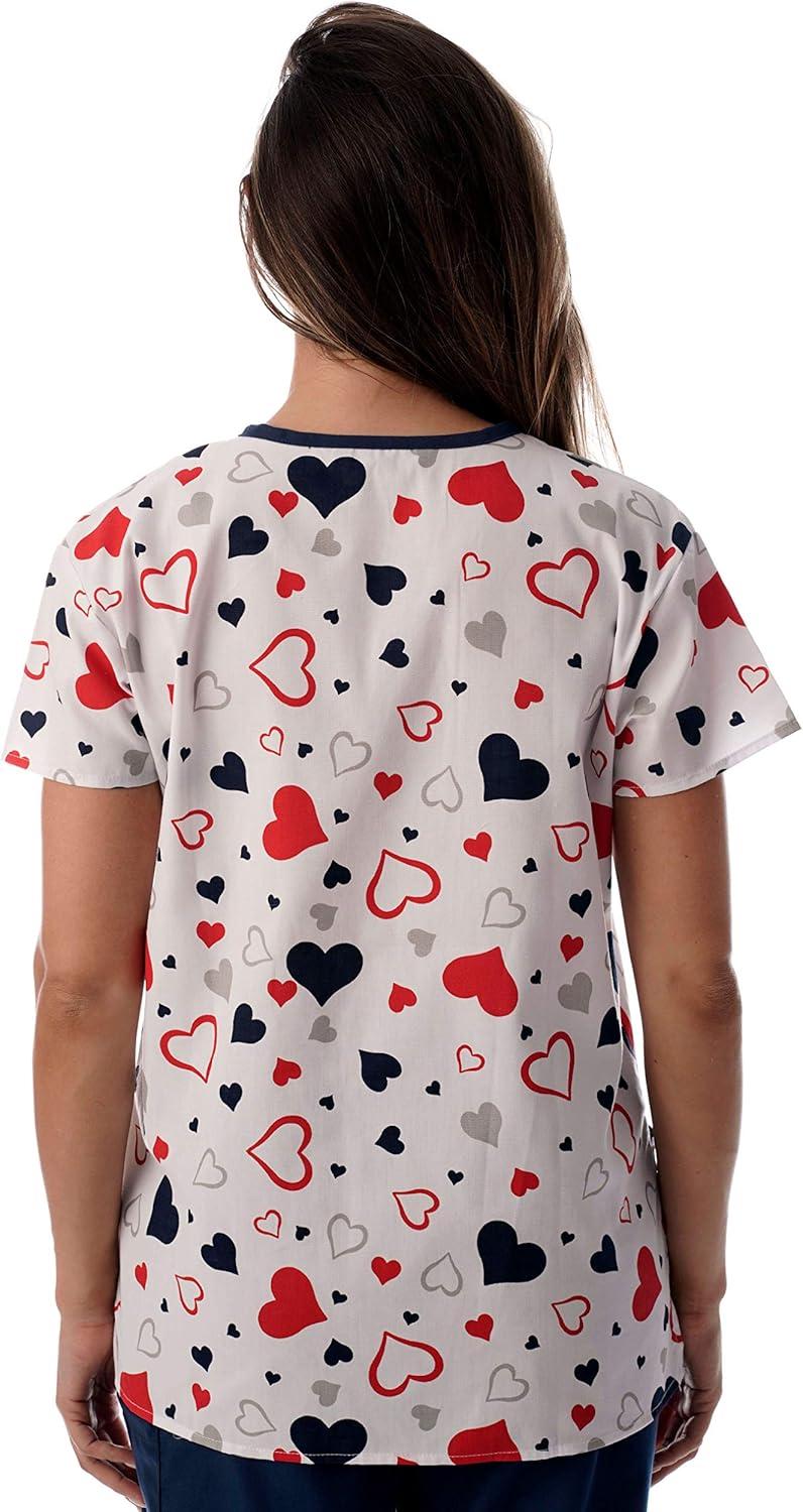 imageJust Love Womens Scrub Tops Nursing ScrubsWhite Hearts With Blue Trim