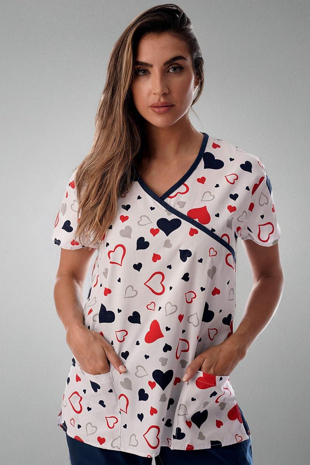 imageJust Love Womens Scrub Tops Nursing ScrubsWhite Hearts With Blue Trim