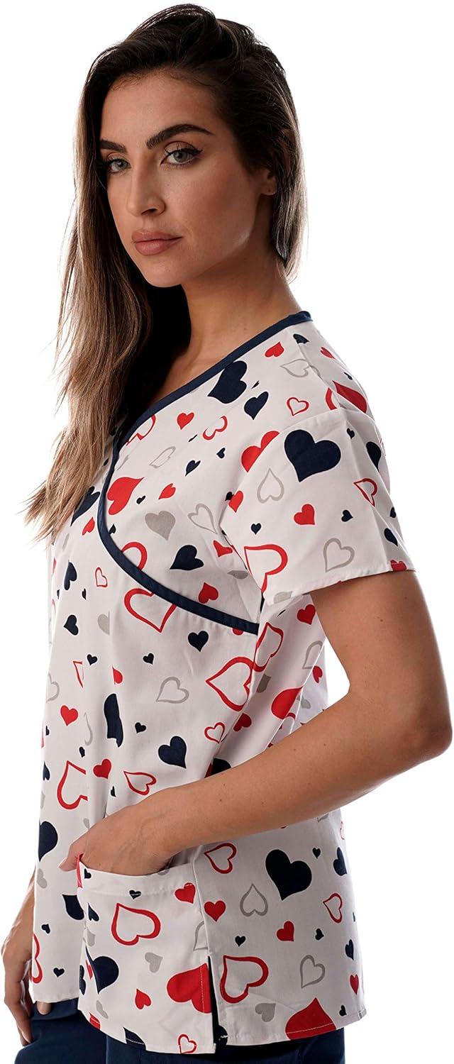 imageJust Love Womens Scrub Tops Nursing ScrubsWhite Hearts With Blue Trim