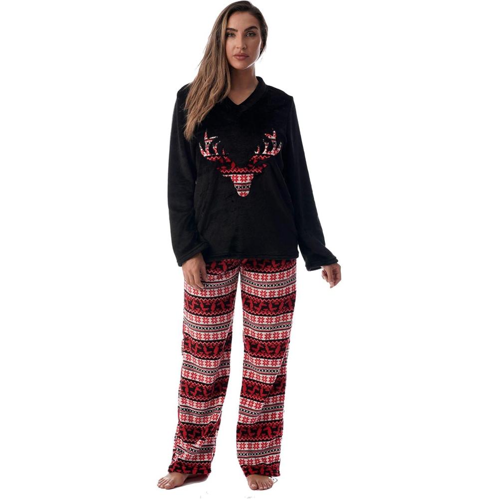 imageJust Love Plush Pajama Sets for WomenBlack  Reindeer Snowflake