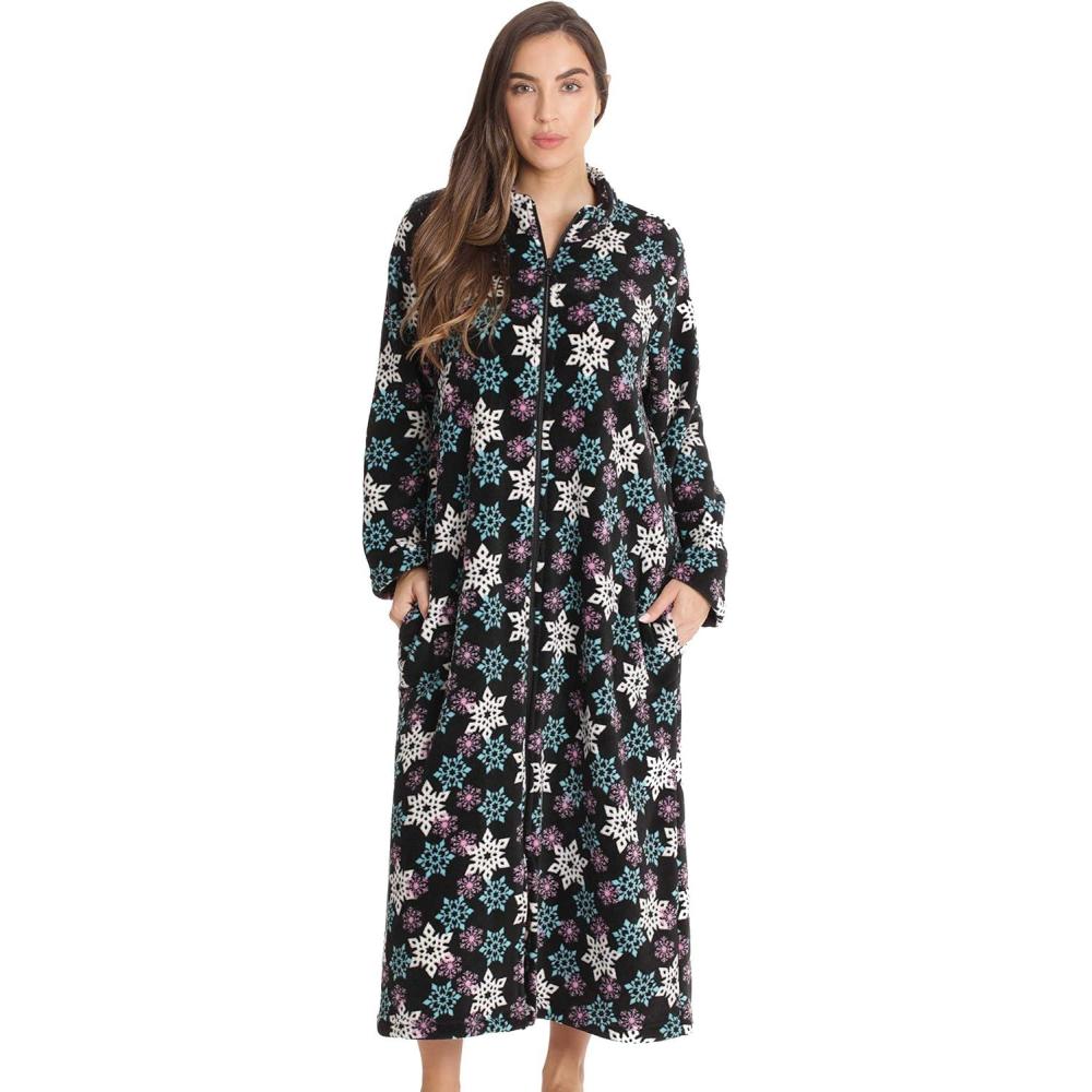 imageJust Love Plush Zipper Lounger Printed Long Robe for WomenBlack Snowflake