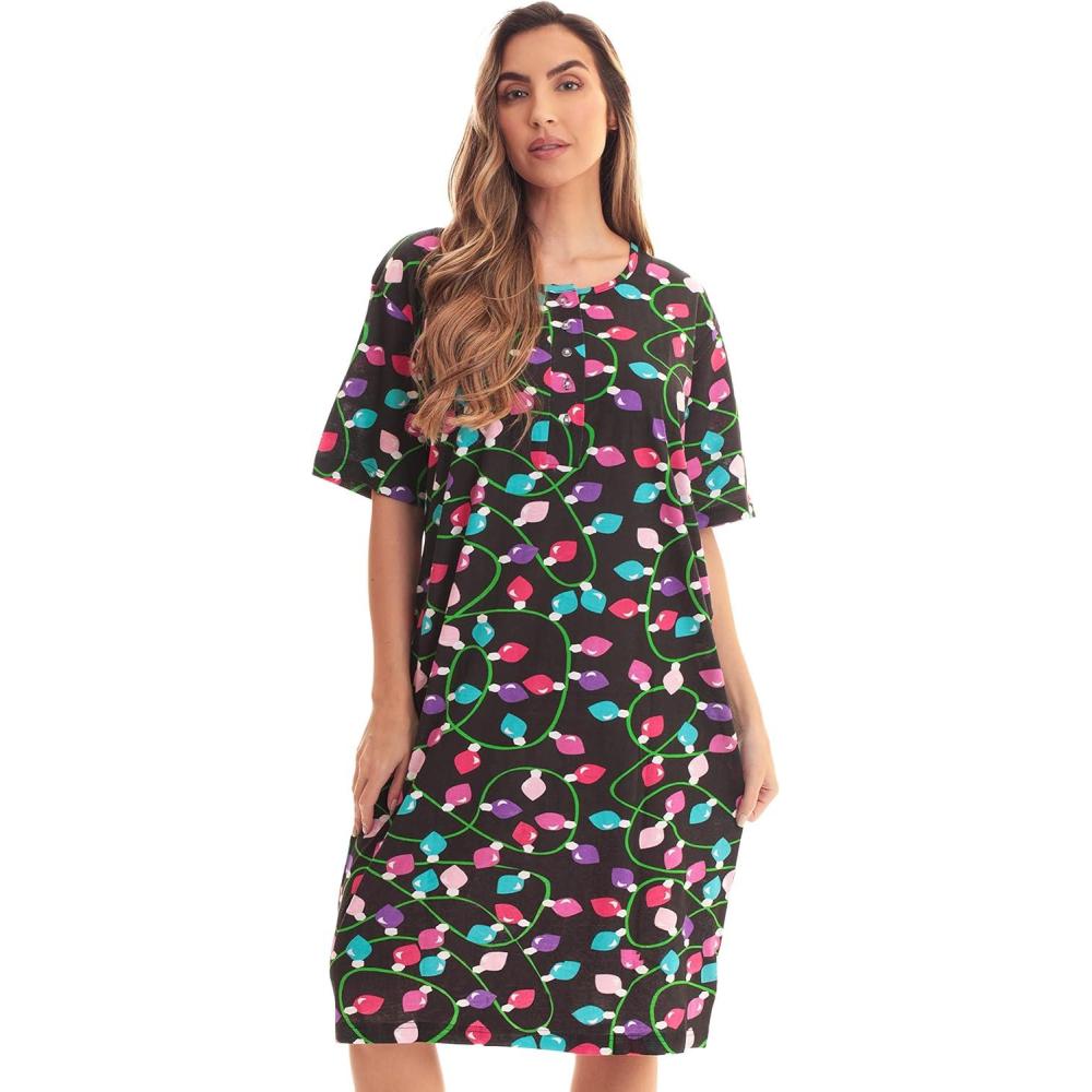 imageJust Love Short Sleeve Nightgown Sleep Dress for WomenBlack Christmas Lights