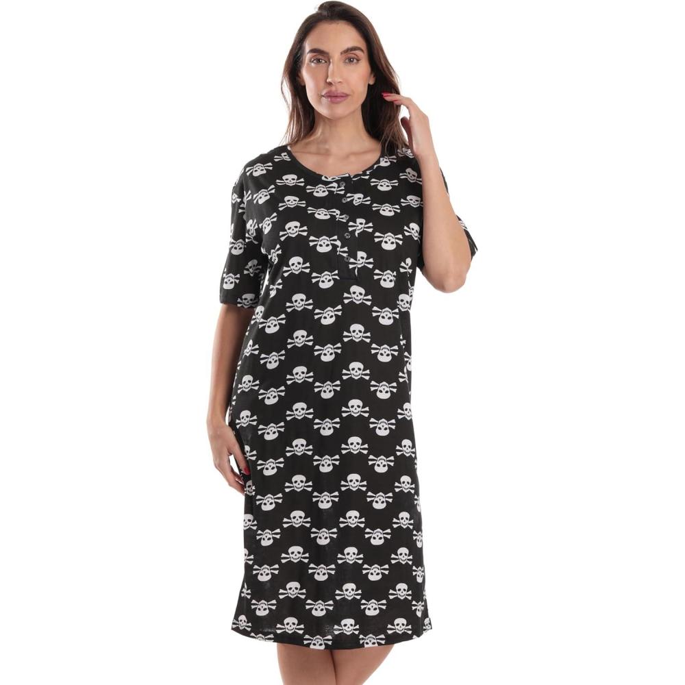 imageJust Love Short Sleeve Nightgown Sleep Dress for WomenBlack Skull Crossbones