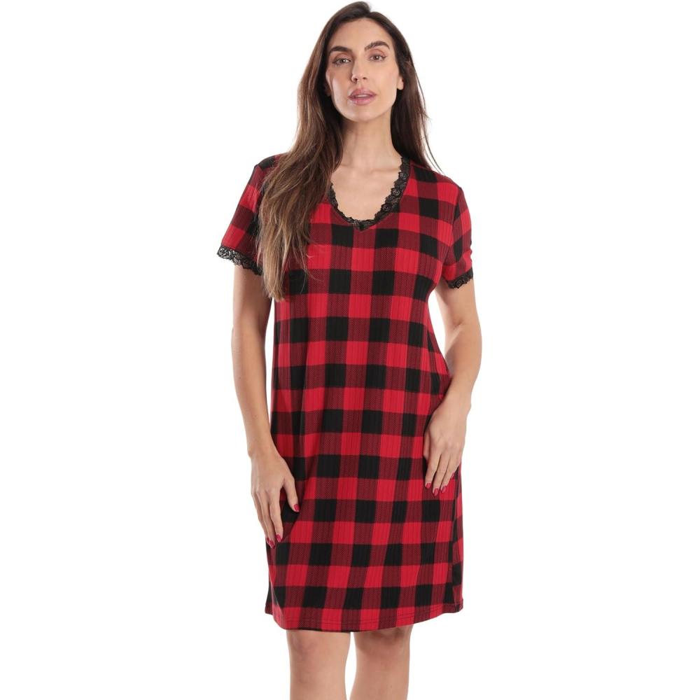 imageJust Love Short Sleeve Tie Dye Nightgown for WomenBuffalo Plaid Red Black