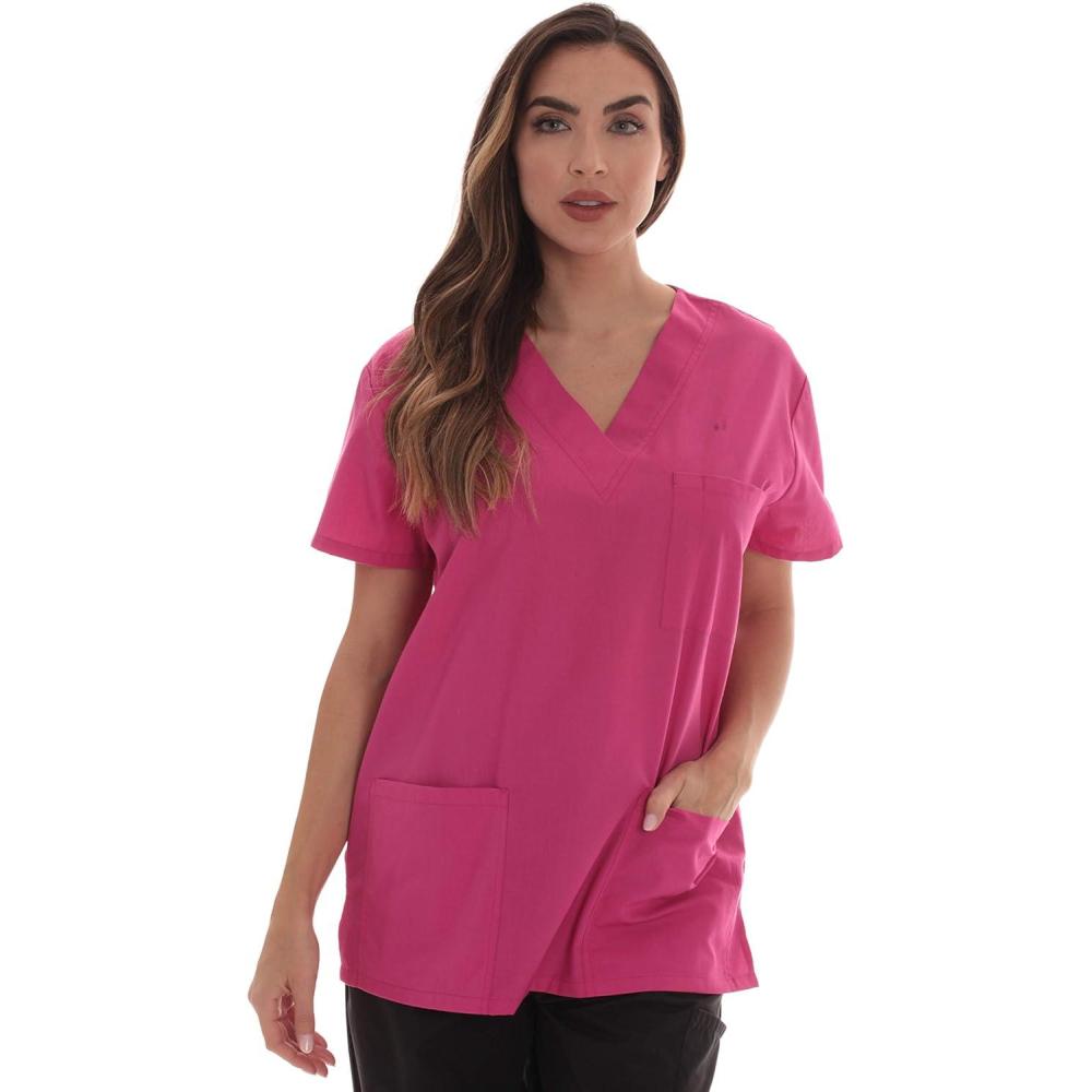 imageJust Love Solid Scrub Top for Women with Pockets and VNeckHot Pink