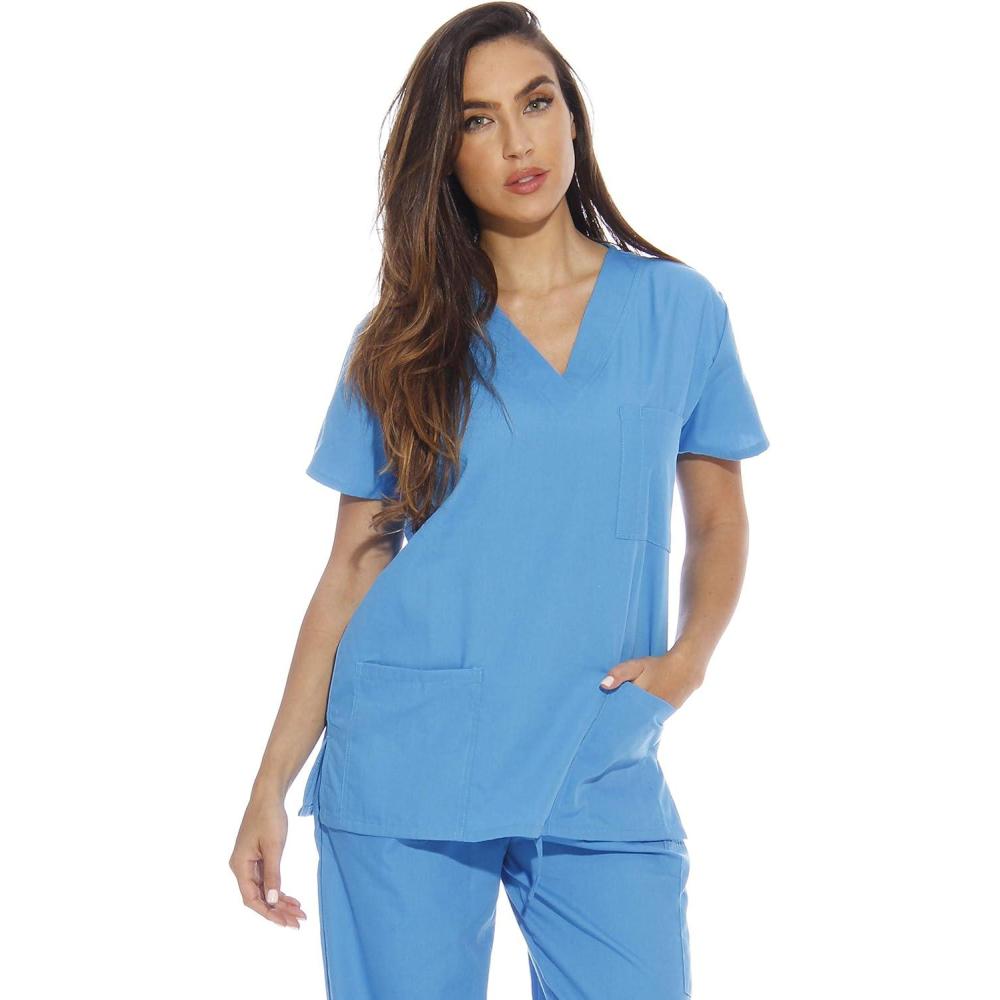 imageJust Love Solid Scrub Top for Women with Pockets and VNeckMalibu Blue
