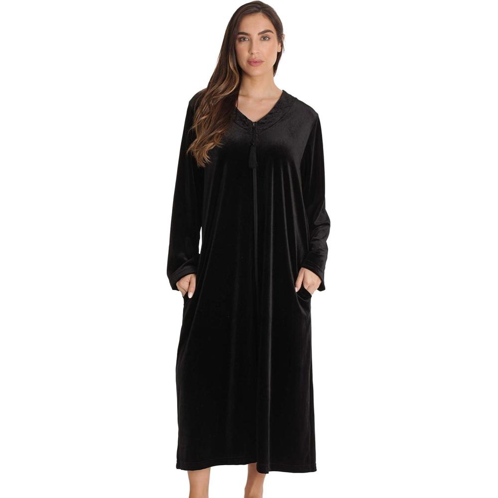 imageJust Love Stretch Velour Embroidered Zipper Lounger Robe for Women with PocketsBlack With Tassel Zipper