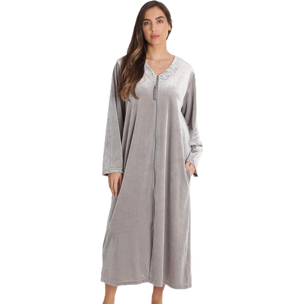imageJust Love Stretch Velour Embroidered Zipper Lounger Robe for Women with PocketsGrey With Tassel Zipper
