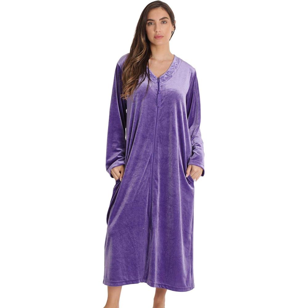 imageJust Love Stretch Velour Embroidered Zipper Lounger Robe for Women with PocketsPurple With Tassel Zipper