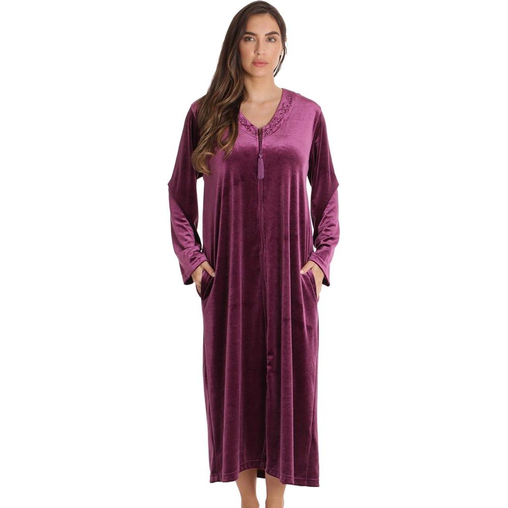 imageJust Love Stretch Velour Embroidered Zipper Lounger Robe for Women with PocketsWine With Tassel Zipper