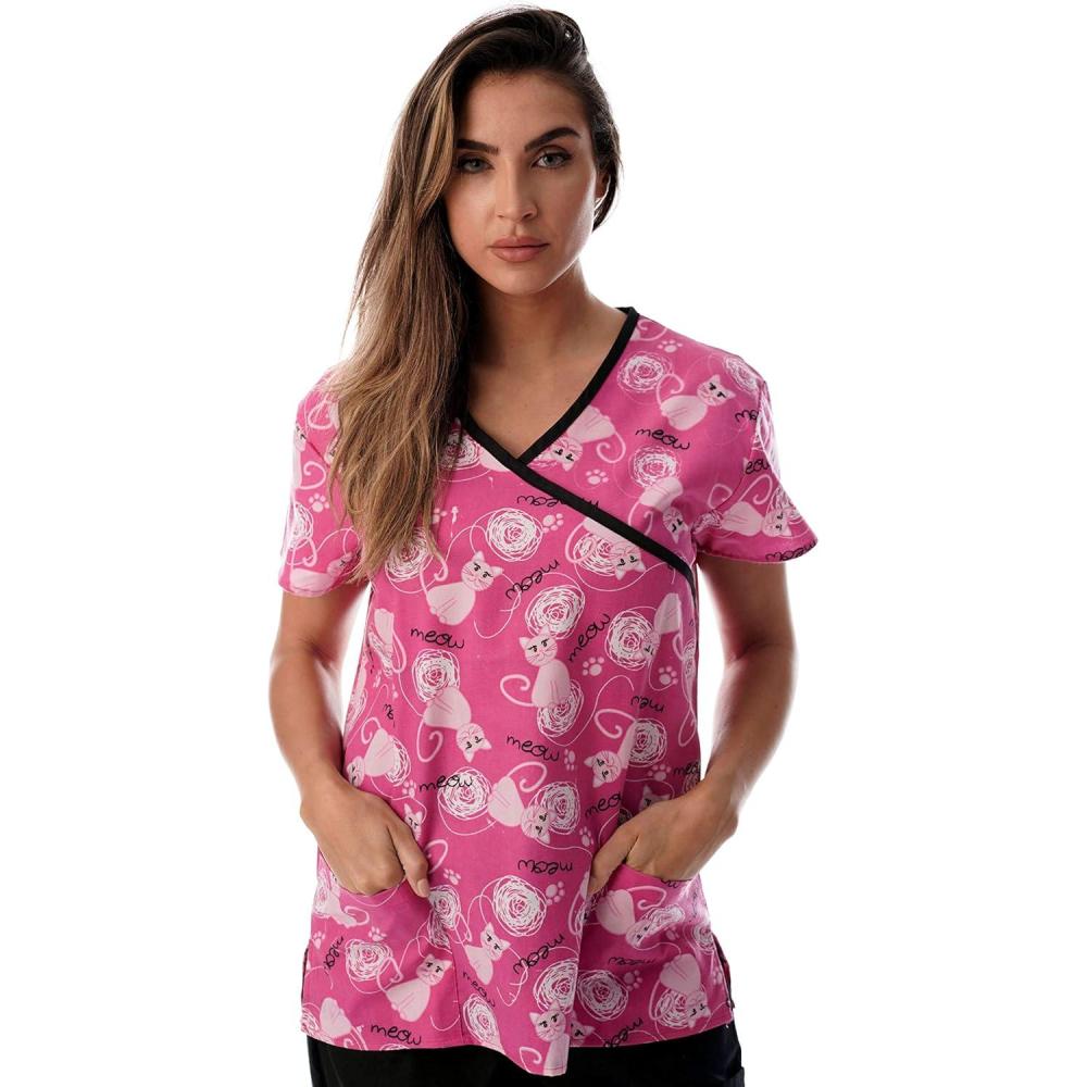 imageJust Love Womens Scrub Tops Nursing ScrubsPink Cat Meow Black Trim