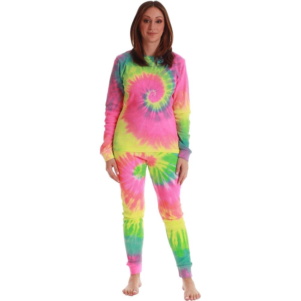 imageJust Love Womens Tie Dye Two Piece Thermal Pajama SetTie Dye Neon Swirl
