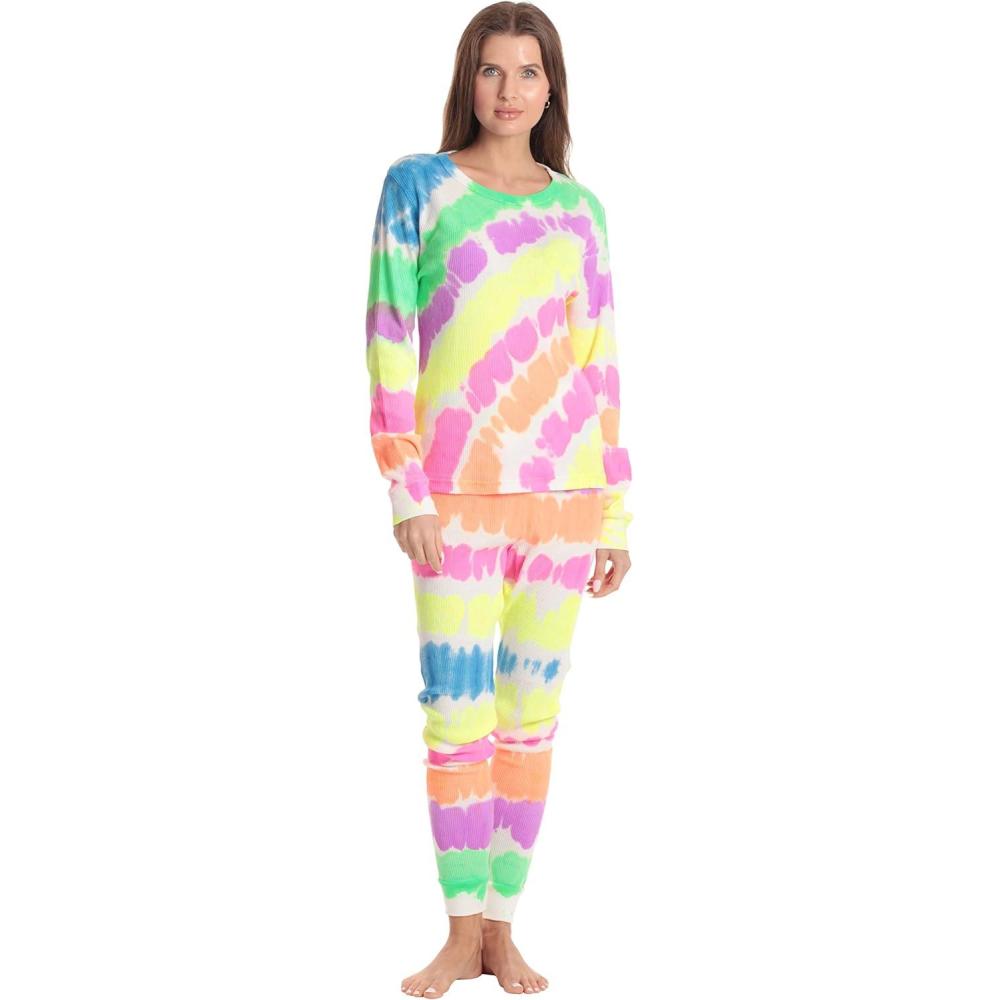 imageJust Love Womens Tie Dye Two Piece Thermal Pajama SetTie Dye Neon White