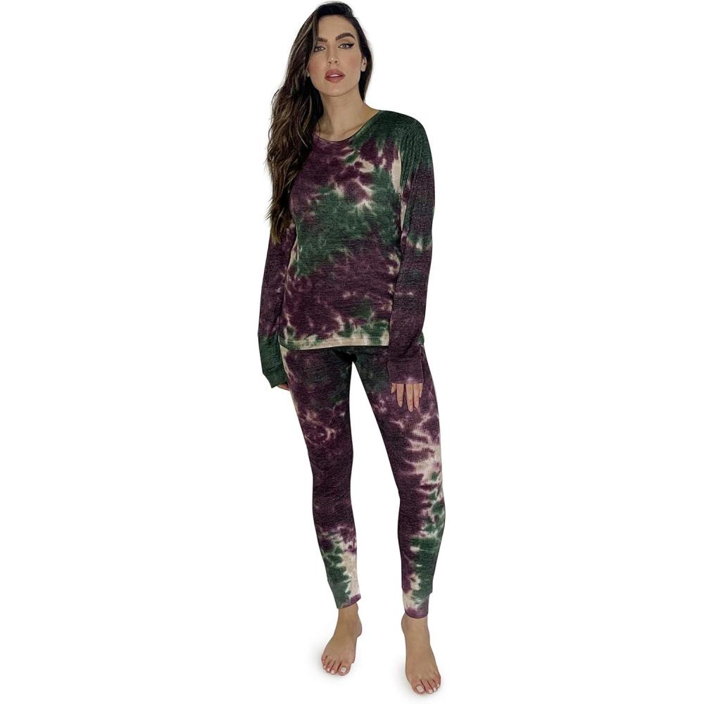 imageJust Love Womens Tie Dye Two Piece Thermal Pajama SetTie Dye Olive Rust