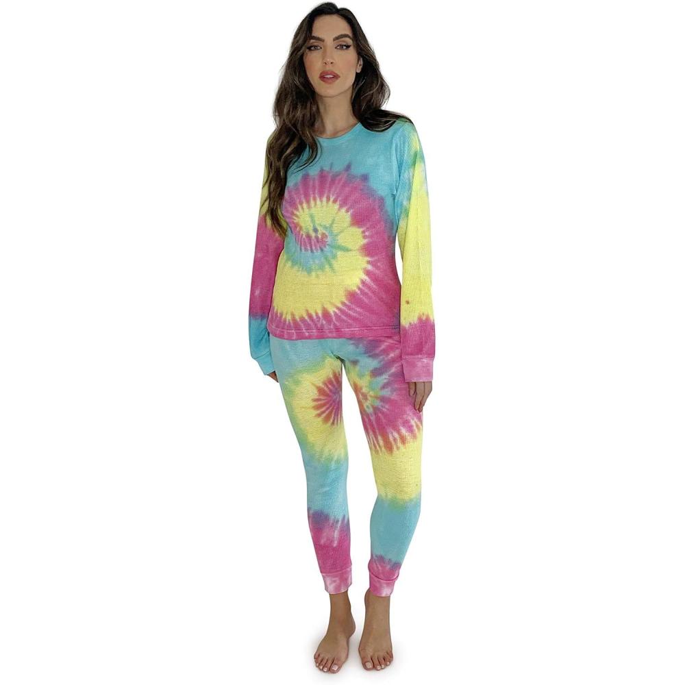 imageJust Love Womens Tie Dye Two Piece Thermal Pajama SetTie Dye Pastel Swirl