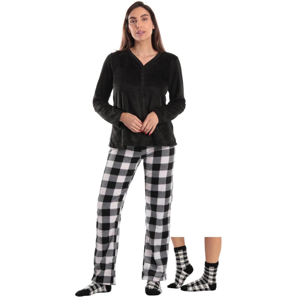 imageJust Love Womens UltraSoft Pajama Pant Set with Matching SocksWhite Black Buffalo Plaid