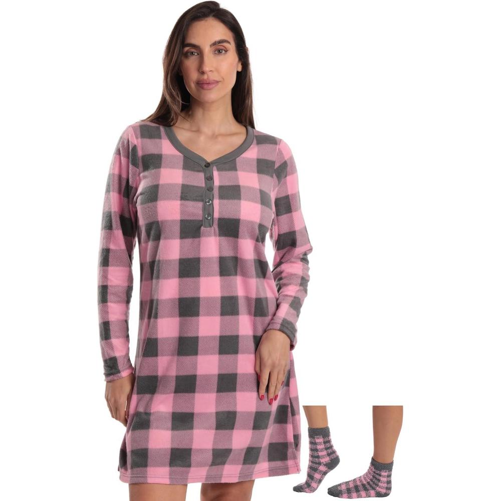 imageJust Love Womens UltraSoft Sleep Shirt Nightgown with Matching Fuzzy SocksBuffalo Plaid Pink Charcoal