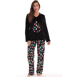 Just Love Plush Pajama Sets for Women(Black – Christmas Lights)