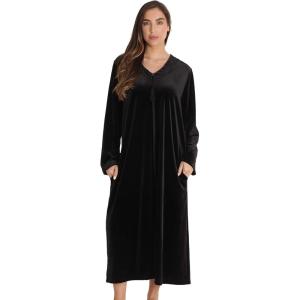 Just Love Stretch Velour Embroidered Zipper Lounger Robe for Women with Pockets(Black With Tassel Zipper)