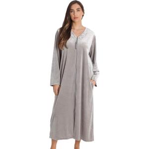 Just Love Stretch Velour Embroidered Zipper Lounger Robe for Women with Pockets(Grey With Tassel Zipper)
