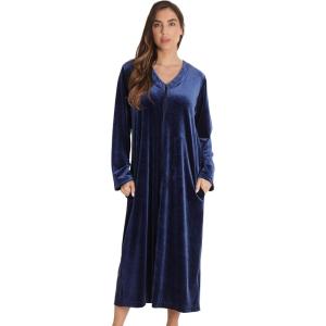 Just Love Stretch Velour Embroidered Zipper Lounger Robe for Women with Pockets(Navy With Tassel Zipper)