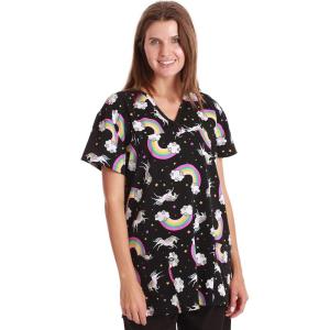 Just Love V-Neck Stretch Top for Women(Stretch Fabric Black – Unicorn Rainbow)
