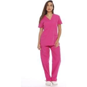 Just Love Women’s Six Pocket Medical Scrubs Set (V-Neck with Cargo Pant)(Hot Pink)
