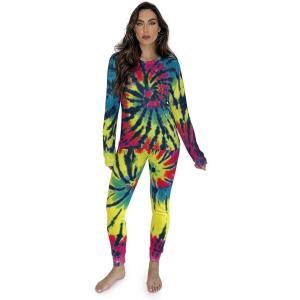 Just Love Womens Tie Dye Two Piece Thermal Pajama Set(Tie Dye Blues With Brights)