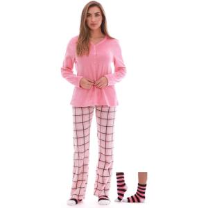 Just Love Womens Ultra-Soft Pajama Pant Set with Matching Socks(Coral Plaid)