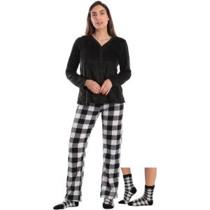 Just Love Womens Ultra-Soft Pajama Pant Set with Matching Socks(White Black – Buffalo Plaid)