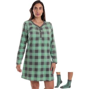 Just Love Women’s Ultra-Soft Sleep Shirt Nightgown with Matching Fuzzy Socks(Buffalo Plaid – Mint Charcoal)
