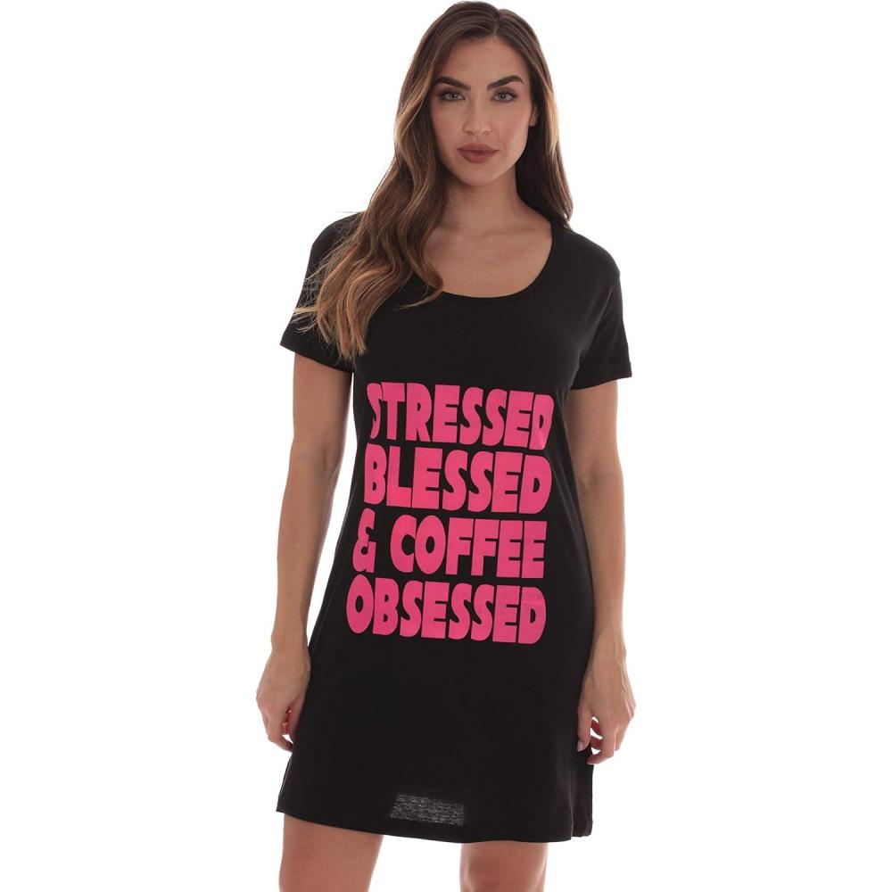 imageJust Love 100 Cotton Sleep Dress Night Shirt for Women with Religious SayingsBlack Coffee Obsessed